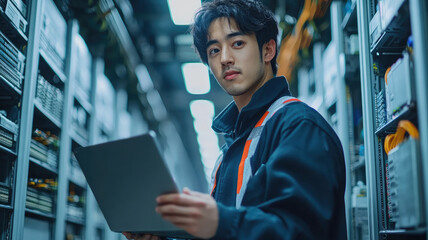 Asian man IT technician managing server room systems with laptop in a high-tech data center