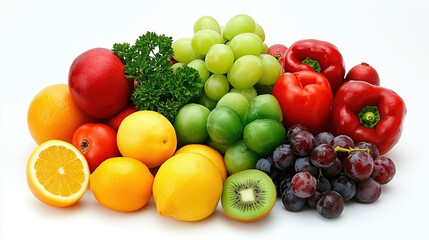 Artistic Composition of Fresh Fruits and Vegetables Laying Elegantly on a White Background, Perfect for Food Photography