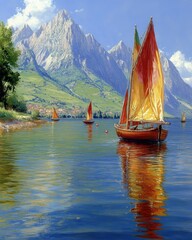Serene Lake with Colorful Sailboats and Majestic Mountain Backdrop Under Clear Sky - Perfect Nature Escape and Adventure
