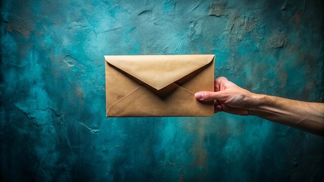 A hand extends towards the viewer, holding a sealed brown envelope against a textured blue background. The envelope is simple yet evokes a sense of anticipation and the promise of hidden secrets.