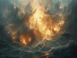 Golden Clouds Over a Stormy Sea - Fantasy Landscape Art