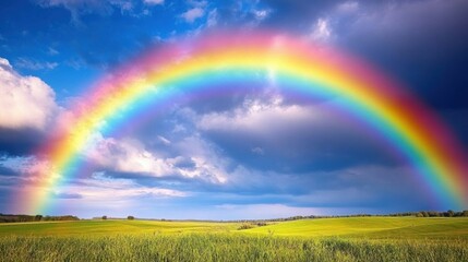 Naklejka premium A vibrant rainbow arches over a rural landscape, casting colorful light across the fields after a rainstorm, symbolizing hope and renewal in nature.