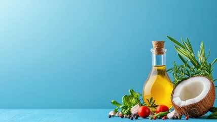 Obraz premium Fresh Herbs and Vegetables with Coconut Oil - Healthy Cooking and Nutrition Concept with Copy Space