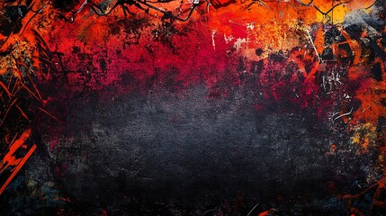 Fototapeta premium A dark gray background with a red, orange, and yellow paint splatter around the edges.