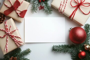 Flat lay composition with Christmas decor and blank card on white background. Space for text