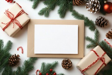 Flat lay composition with Christmas decor and blank card on white background. Space for text