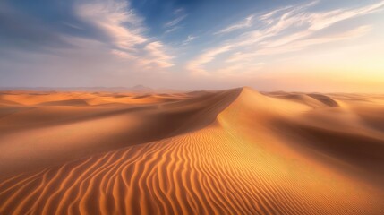 Wind-sculpted ripples in desert sand, creating flowing abstract patterns that stretch across the dunes under soft sunlight
