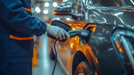 A worker in a blue uniform and white gloves plugs a charging cable into a modern electric car in a factory.