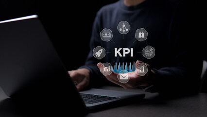 person touching screen icon, and success. KPI Key performance indicator business