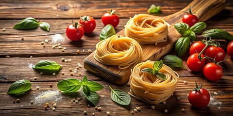 Aromatic basil, vine-ripened tomatoes, and golden strands of pasta create a rustic culinary symphony on a weathered wooden surface.