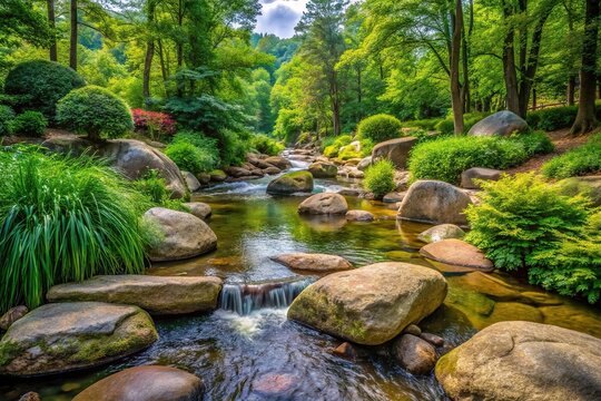 Description: Tranquil babbling creek bed with boulder and green plants at Dollywood