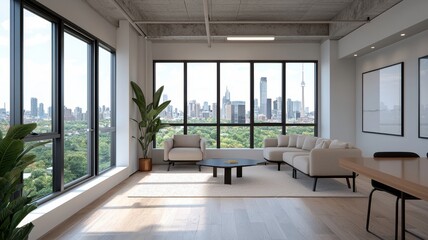 Fototapeta premium Serene Modern Workspace with City View in Open-Concept Office