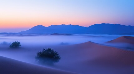 Fototapeta premium A foggy desert scene at dusk, with the last light of the day casting a soft glow over the mist-covered dunes