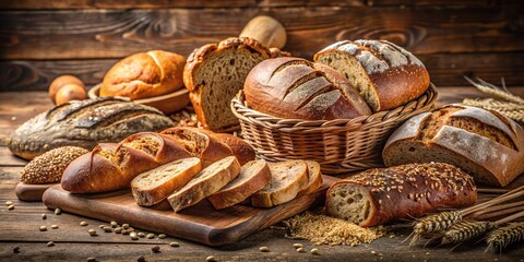 Description: Wholesome and delicious selection of freshly baked whole grain bread on a wooden countertop macro