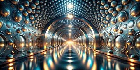 An endless metallic tunnel with a pattern of glowing orbs and arches, illuminated by vibrant lights, revealing a mysterious and captivating space.
