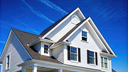Description: Worm's eye view of house with white siding and black roof under clear blue sky