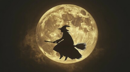 Fototapeta premium Flying witch on broom with full moon