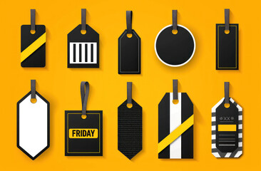 Collection of various stylish black price tags for Black Friday label promotion on yellow background and sale advertisement marketing