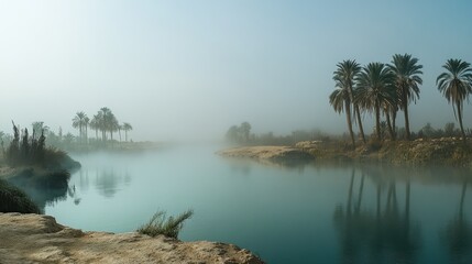 A panoramic view of a desert oasis hidden in fog, with palm trees and water partially concealed by the thick mist