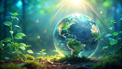 A crystalline sphere depicting the Earth rests on a bed of lush greenery, bathed in the ethereal glow of sunlight filtering through a vibrant forest canopy.