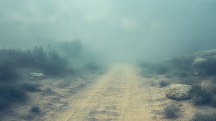 Obraz premium A quiet desert road vanishing into a dense fog, with surrounding dunes and rocks softly blurred into the mist