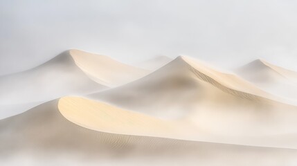 Fototapeta premium A series of sand dunes gradually disappearing into a dense fog, with the soft curves of the desert barely visible through the mist