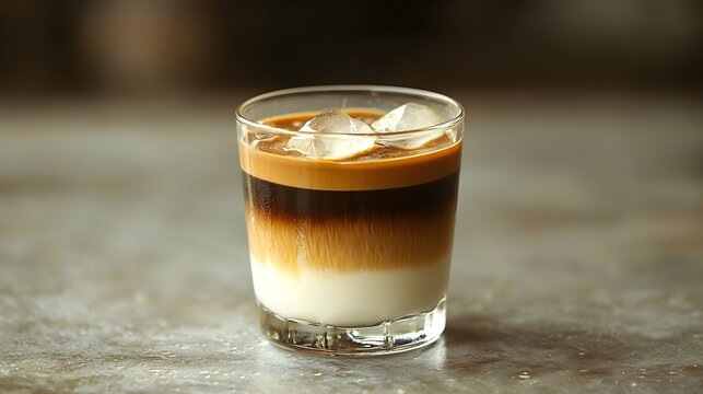 A layered coffee drink featuring iced coffee, cream, and a smooth texture, presented in a clear glass with ice cubes.