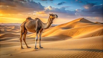 Desert landscape with camel standing among dunes