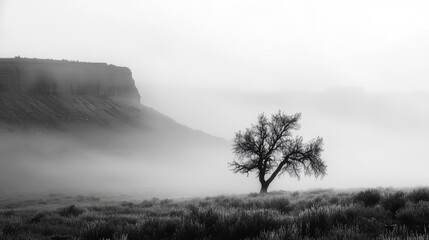 Fototapeta premium A solitary desert tree standing in a foggy landscape, its shadowy form blending into the mist-covered horizon