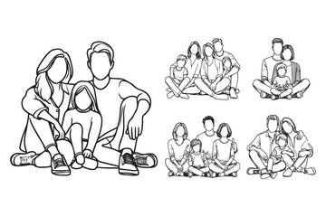 Intimate family gathered together in a relaxed pose showcases cheerful line art