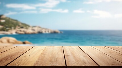 Obraz premium Wooden Tabletop Beach Summer Sky Vacation Background