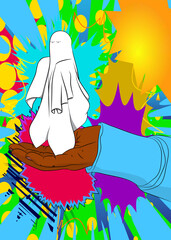Cartoon, comic book human hands holding Ghost. Retro Halloween vector comics pop art design.