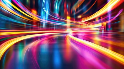 A vibrant abstract background with swirling neon lights, motion blur, and a futuristic cityscape feel.