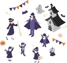 アイソメトリック　人物　家族　ハロウィン　イベント　仮装　かわいい　シンプル　イラスト素材セット