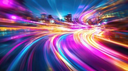 A vibrant abstract background with swirling neon lights, motion blur, and a futuristic cityscape feel.