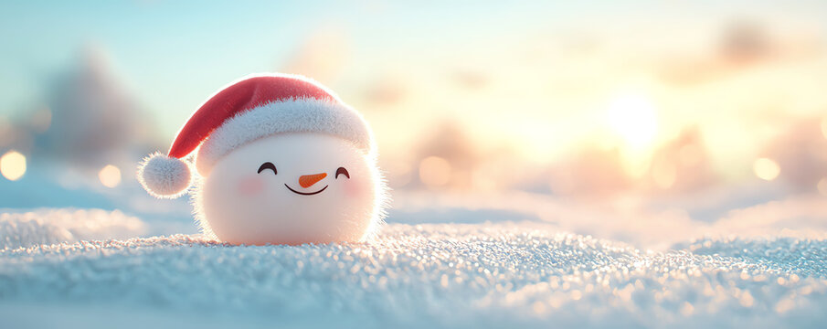 Adorable snowman with a Santa hat, standing on a snowcovered hill, 3D illustration