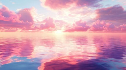 Fototapeta premium A vibrant pink sunset over the ocean, casting a warm glow on the water and the clouds, creating a dreamy, surreal scene.