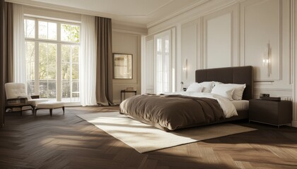 Elegant bedroom with large windows, hardwood floors, and a plush bed.