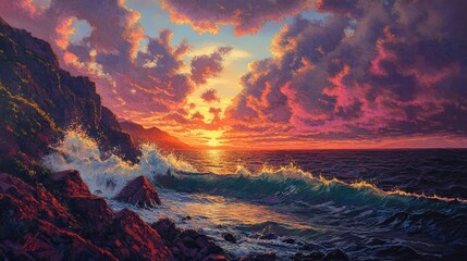 A vibrant sunrise over a coastal cliff, with waves crashing against the rocks and the sky ablaze with color.