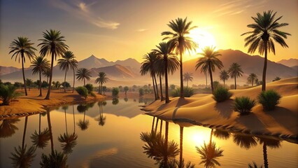 Obraz premium Desert oasis with palm trees and mountains silhouette