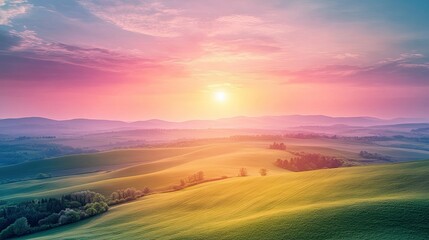 A vibrant sunrise over rolling hills and green fields, with soft clouds scattered across the sky.