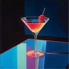 A martini cocktail with a cherry garnish, on a glass surface with neon reflections.