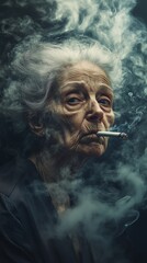 A thin elder woman smoking a cigarette, she looks very sick and there is lot of smoke on the background