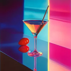 A martini glass with a straw and two strawberries sits on a reflective surface in front of a colorful neon light background.
