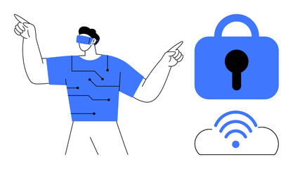 A person wearing virtual reality glasses interacts with digital interfaces. To the right, a large lock symbolizes data security above a cloud with a wireless symbol. Ideal for cybersecurity digital