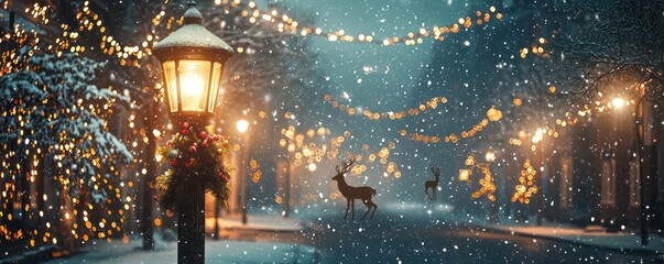 Naklejka premium Lamp post street poster for the holidays, featuring Christmas deer lights and snow.