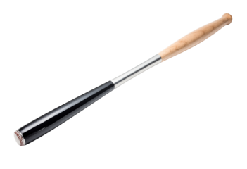 Stylish baseball bat with a wood handle and metallic barrel lying on a clean transparent background