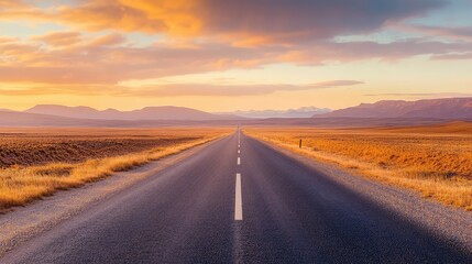 Fototapeta premium A tranquil desert road leading into the horizon at dawn, with the sky gradually brightening and the landscape bathed in warm light