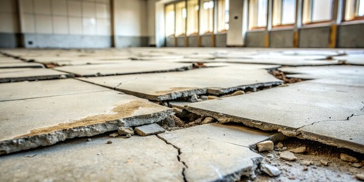 Destroyed concrete flooring with tiled surface due to subsidence of the base soil close-up