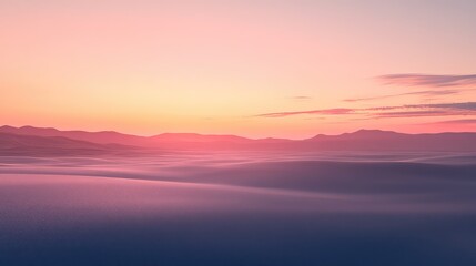 The calm of a desert at dawn, with the horizon glowing in soft pinks and oranges, and the desert floor still in cool shadow